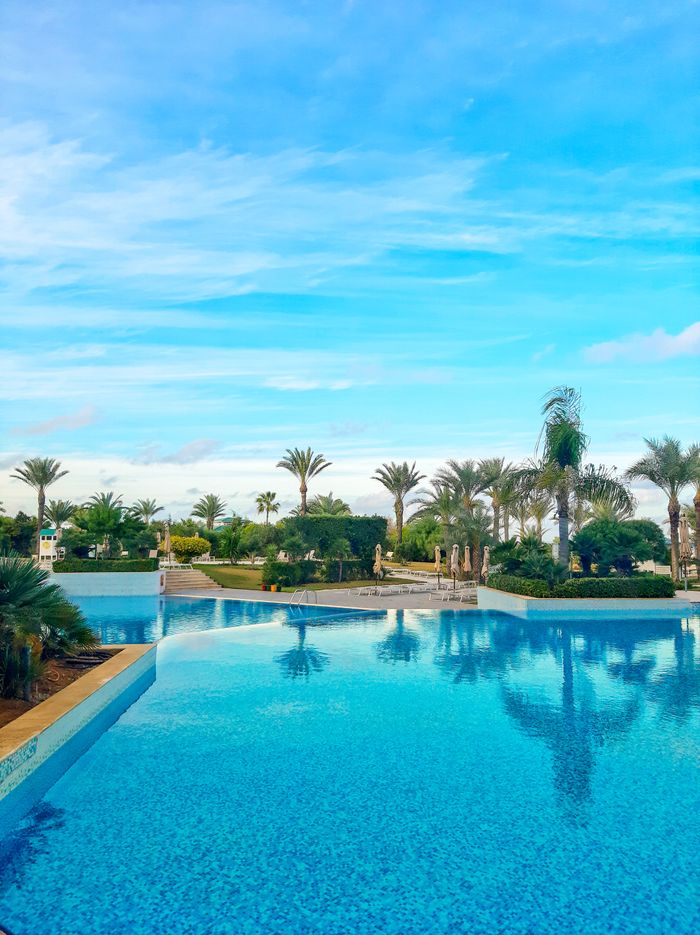 Stunning view of infinity pool surrounded by lush palm trees and vibrant blue sky.